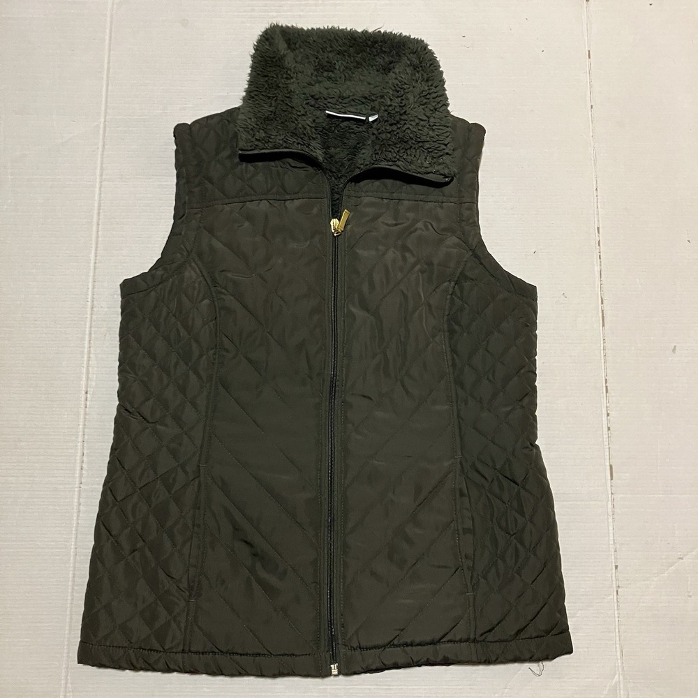D &‎ Co Womens XS Full Zip Sherpa Puffer Vest Jacket Army Green Quilted Fleece